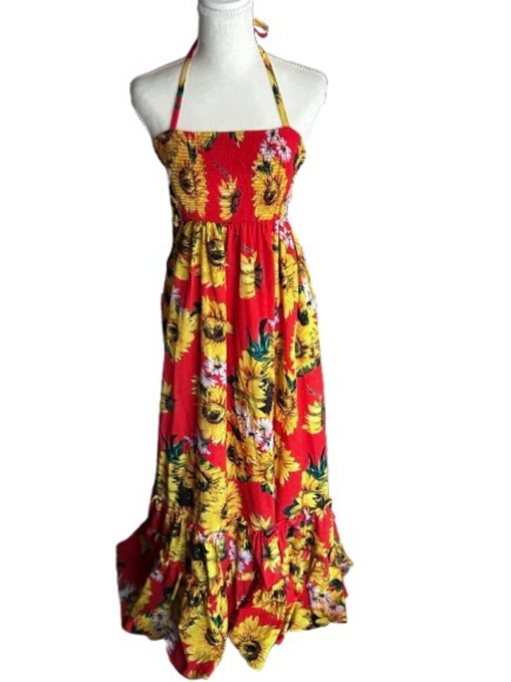 Sunflowers!!! INA dress Maxi Open Back Halter Tie Neck Floral Boho Bohemian Med